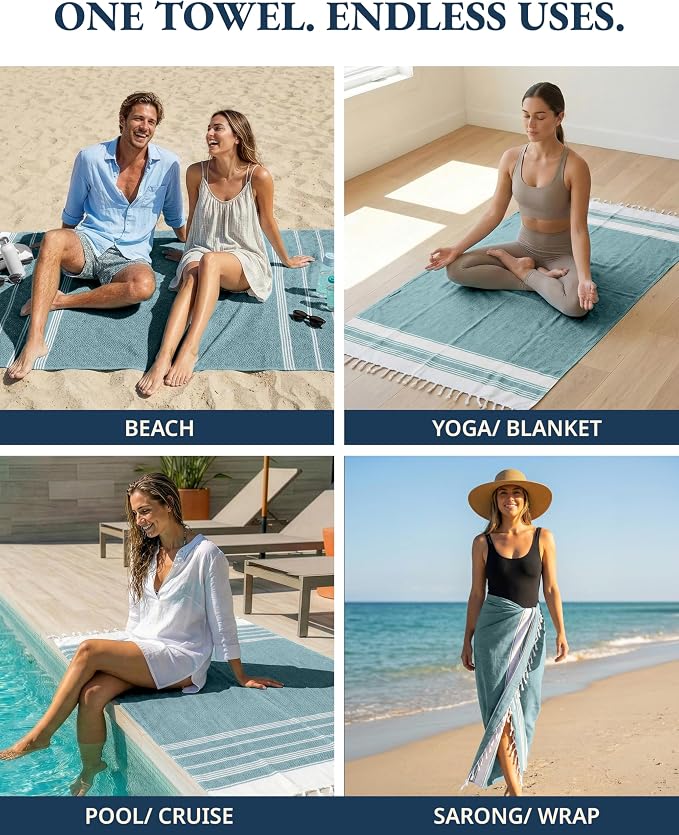 LANE LINEN Turkish Beach Towels, 2 Pack Extra Large Beach Towel, Pre-Washed for Soft Feel, Oversized Sand Free Quick-Dry Pool Towel, Beach Towels for Adults, 39"x71" - Baltic
