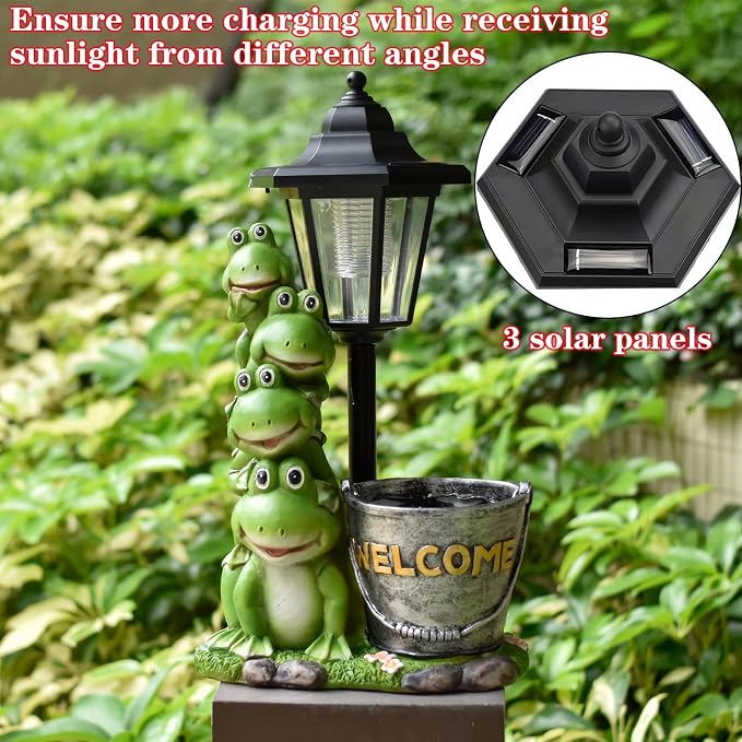 Solar Frog Statue for Outdoor, 13.4 Inch Outside Frog Family Ornaments with Lantern and Flowerpot for Garden Decor, Balcony, Patio, Yard, Lawn -Birthday Gifts for Women Grandparents