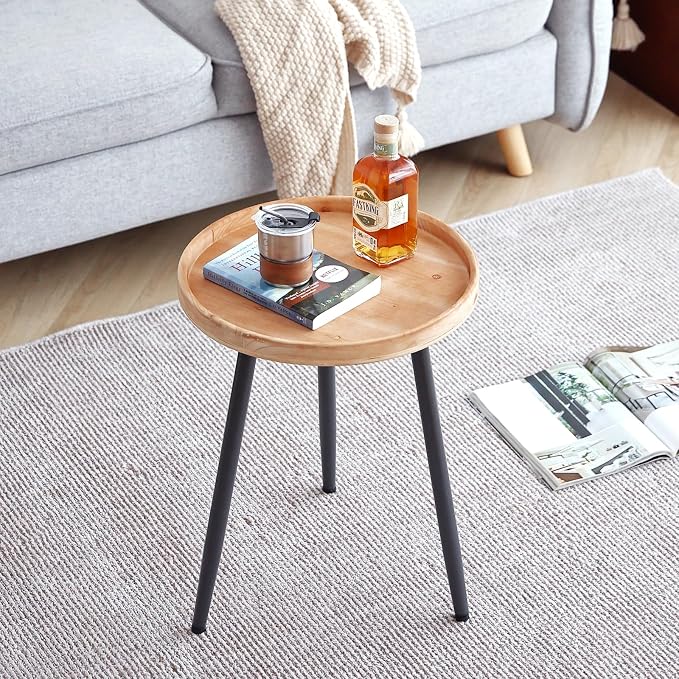 LITA Log Desktop Round Side End Table, Indoor Outdoor Wooden Tray Nightstand Table with Metal Stand for Living Room Bedroom Office Small Spaces (M)