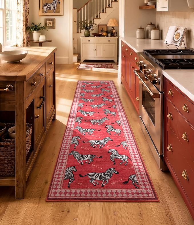 YIHOUSE Zebra Hallway Runner Rug 2×8, Washable Animal Print Rug with Checkered Border, Non-Slip Low Pile Mid-Century Modern Carpet for Kitchen, Entryway, Living Room, Bedroom, Red