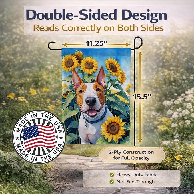 Caroline's Treasures DAC6070GF English Bull Terrier in Sunflowers Garden Flag Mailbox Flag Decorative Yard Flag Banner Outside Patio Artwork Yard Flower Beds, Garden Size, Multicolor