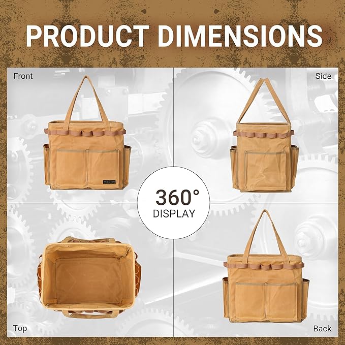 Water Resistant Gardening Tool Bag with Handles - 6 Pockets Utility Self-Standing Organizer for Camping/Garden/Car Storage, 14" x 13" x 10" | Khaki