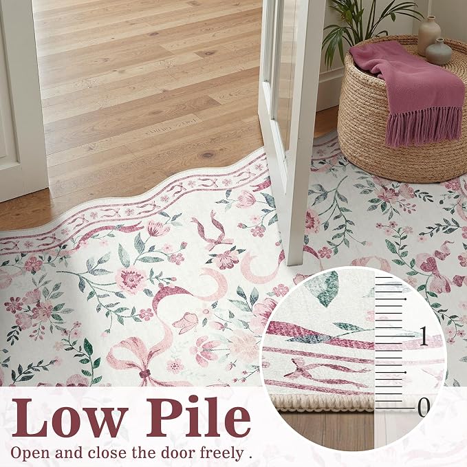 DCX Scalloped Washable 5x7 Bow Rug, Pink Floral Rug for Girls’ Bedroom, Cute Soft Low Pile Indoor Décor Carpet, Kid & Pet Friendly Nursery Rug for Living Room, Dorm, Playroom