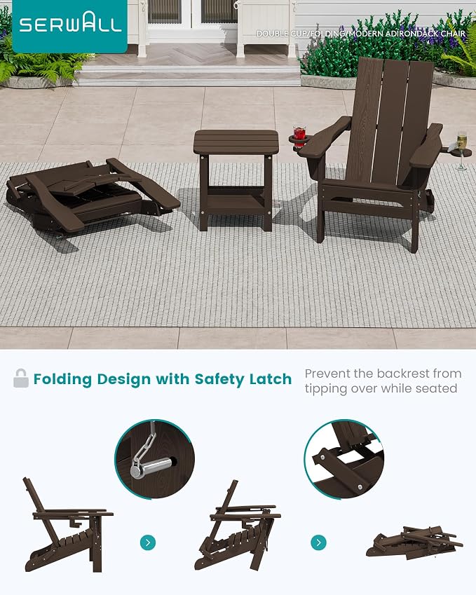SERWALL Modern Adirondack Chairs Set of 4, Folding Adirondack Chair with Cup Holders, Outdoor HDPE Adirondack Chair for Patio Lawn Garden, Coffee