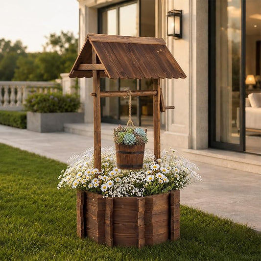 VINGLI Wooden Wishing Well Outdoor Planters, Well Covers for Yard with 2 Reinforced Rods, Height Adjustable Hanging Bucket, Rustic Flower Pot Decor for Outside Patio Garden (Carbonized, 22" Width)