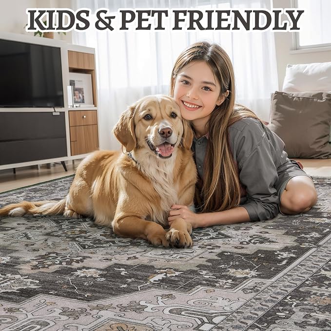Tangsoo Vintage 3x5 Washable Rugs, Non Slip Accent Rugs for Entryway Grey | Oriental Print Indoor Carpet, Boho Soft Low Pile Farmhouse 3x5 Area Rug for Living Room Bedroom Bedside Entrance Home Decor