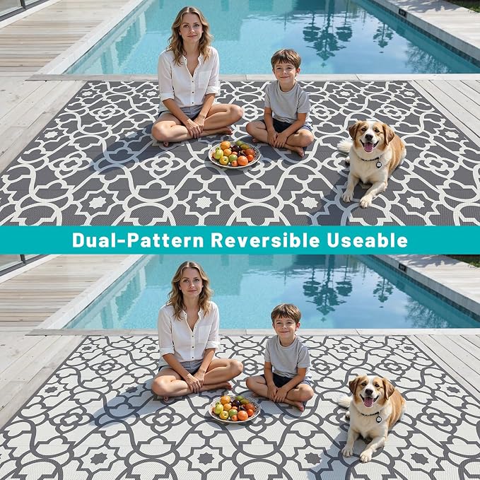 HEBE Outdoor Rug Waterproof 8x10, Plastic Straw Rug Camping Rug, Reversible Outdoor Patio Rugs RV Mat Clearance, Indoor Outside Floor Carpet for Porch,Deck,Camper,Balcony,Backyard