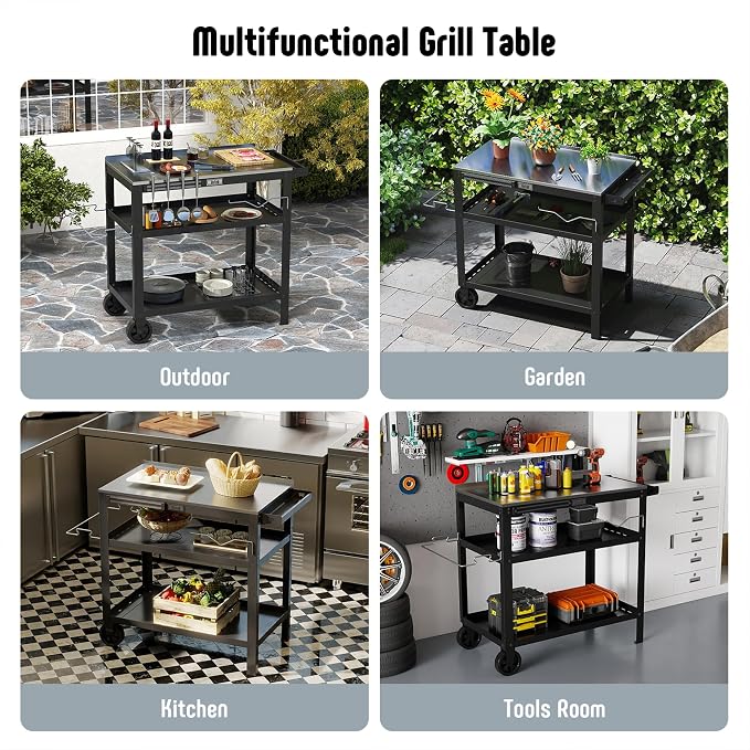 Feasto Outdoor Grill Table, Prep Table with Wheels, 31.5"x18" | Seasoning Rack & Magnetic Tools Holder, Backyard BBQ Kitchen Food Prep Table for Portable Griddle & Pizza Oven