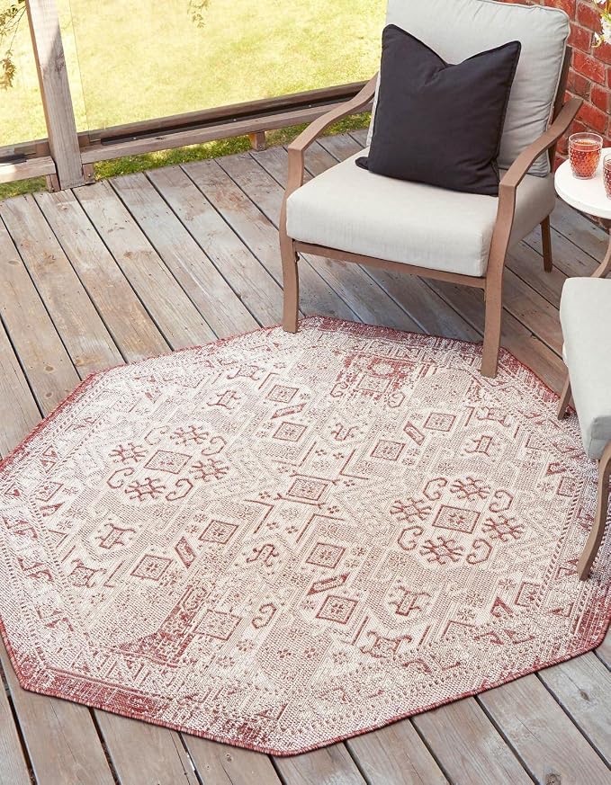 Unique Loom Outdoor Aztec Collection Area Rug - Coba (5' 3" Octagon, Rust Red/ Ivory)