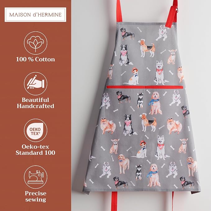 Maison d' Hermine Aprons for women with Pocket 100% Cotton (27.50"x31.50") | Adjustable Neck Strap & long ties Apron Men Chef Wedding Cooking Gardening Server Maid