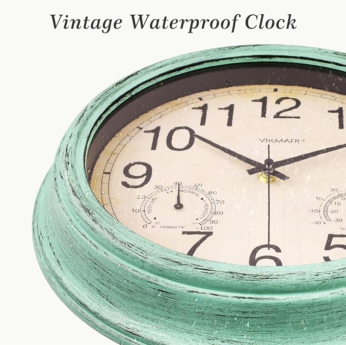 VIKMARI Indoor Outdoor Sealed Glass Clock Waterproof Silent Classic Quartz Clocks Thermometer and Hygrometer Combo Battery Operated Wall Clocks for Bathroom Patio Pool Wall Decor (12 Inch,Teal Green)