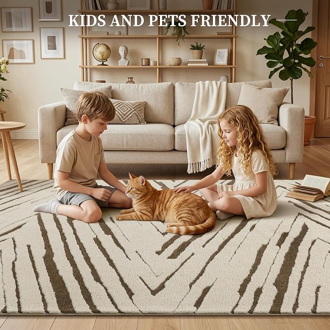 5x7 Area Rug for Living Room, Washable Cream Brown Bedroom Rug | Washable Modern Minimalist Rug for Bedroom, Living Room, and Office with Abstract Stripes and Non-Slip Backing