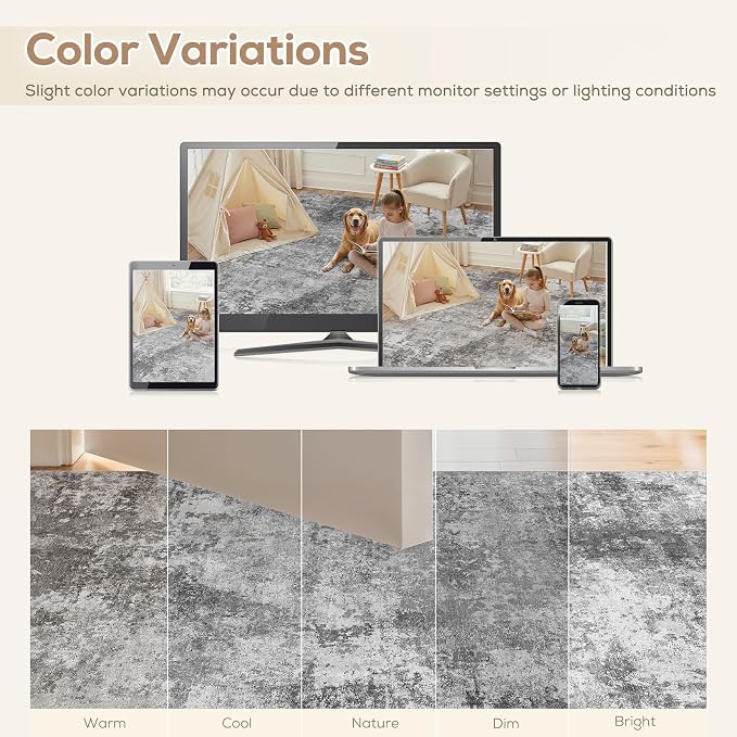 Nakagishi 12X15 Abstract Washable Area Rugs for Living Room-Grey | Modern Non-Slip Silicone Backing Low Pile Soft Carpet for Bedroom Dining Decor Ideal for Families with Kids and Pets