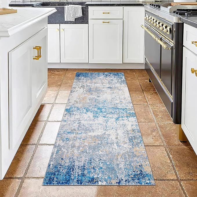 ROYHOME Modern Abstract 2x8 Runner Rug Non Slip, Blue/Grey | Non Shedding Rug Low Pile Stain Resistant for Bedroom Hallway Kitchen