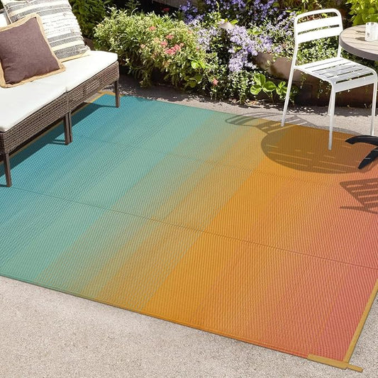 Anidaroel 6x9ft Ombre Outdoor Rug for Patios Clearance, Waterproof Outdoor Plastic Straw Mat, Outdoor Area Rug for Patio, Large RV Outdoor Rugs for Camping, Backyard(Orange&Blue, 6'x9')