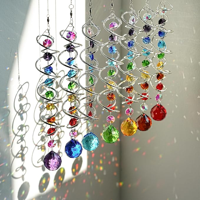7 Pcs Crystal Gazing Ball Spiral Wind Spinner Suncatcher Garden Decor | Crystal Suncatcher Wind Spinner with Spiral Tail Gazing Ball Swivel Hook Hanging for Indoor Outdoor Yard Garden Home Decor