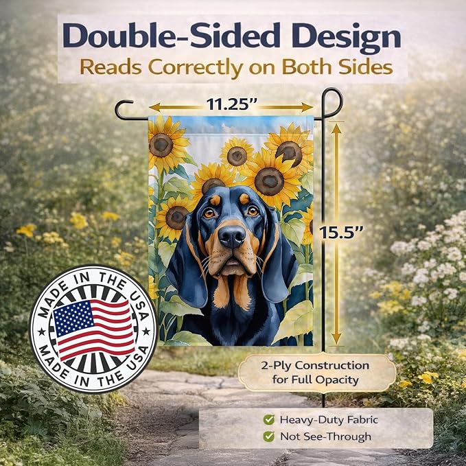 Caroline's Treasures DAC6028GF Black and Tan Coonhound in Sunflowers Garden Flag Mailbox Flag Decorative Yard Flag Banner Outside Patio Artwork Yard Flower Beds, Garden Size, Multicolor