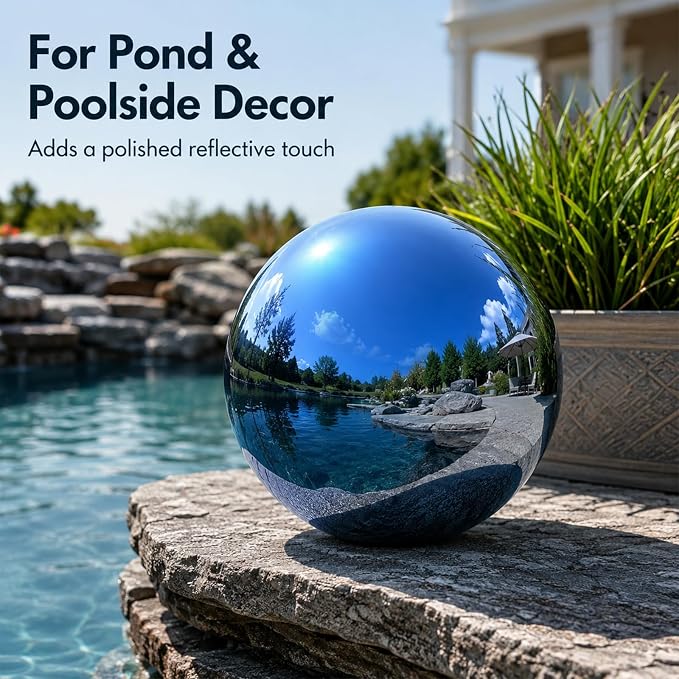 Gazing Ball Garden Mirror Outdoor - 8 Inch Outside Decorative Globe, Blue | Metal Polished Reflective Sphere, Stainless Steel Hollow Decoration Ornament for Home Pond Swimming Pool Housewarming Gift