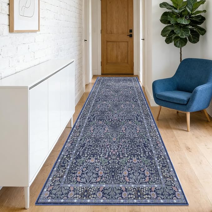 Washable 2'6" x 8' Runners for Hallways, Non Slip Long Floor Runner for Kitchen, Entryway Indoor, Stain Resistant Rubber Backing Floral Decor Rug (Blue)