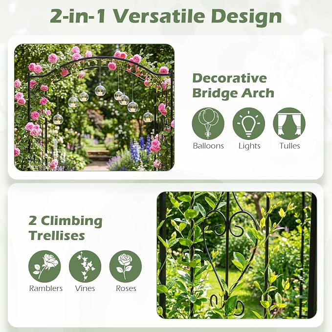 Giantex Metal Garden Arbor, 7.5 FT Heavy Duty Arch Trellis for Climbing Plants, Decorative Outdoor Garden Archway with Pointed Legs, Wedding Arbor for Party, Backyard, Lawn, Ceremony Decoration