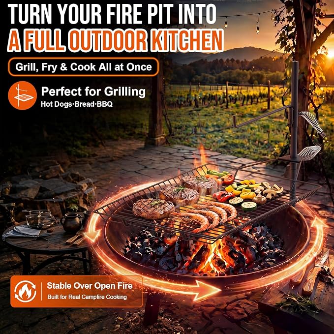 22" x 15" Fire Pit Campfire Grill Grate Campfire Grill Portable Open Fire Cooking Heavy-duty Swing Camping Cooking Barbecue Rack Easy Setup & Adjustable Height for Outdoor BBQ
