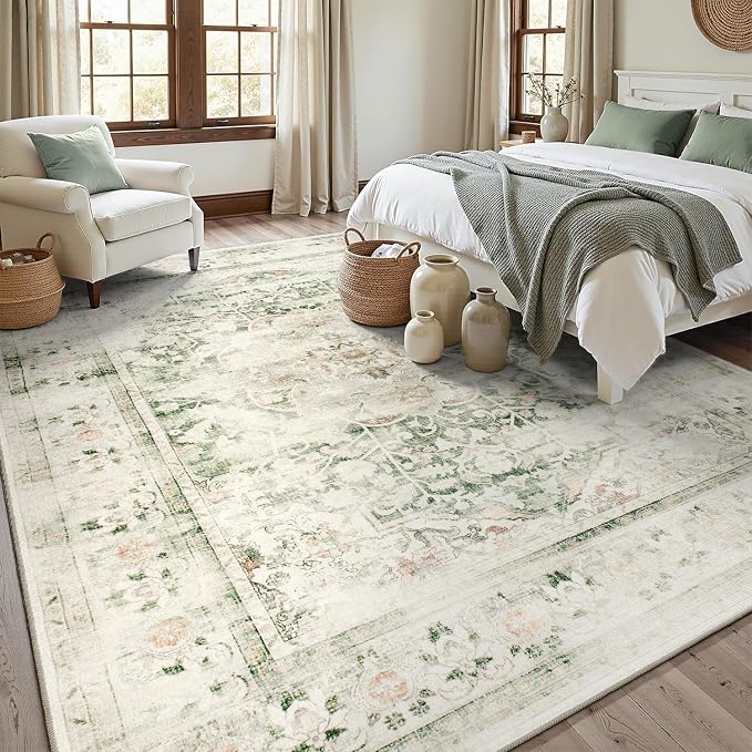 DCX Washable 8x10 Green Rug Stain Resistant Distressed Vintage Rug | Kid & Pet Friendly with Rubber Back Non Slip Soft Low Pile Large Carpet for Living Room, Bedroom, Home Office