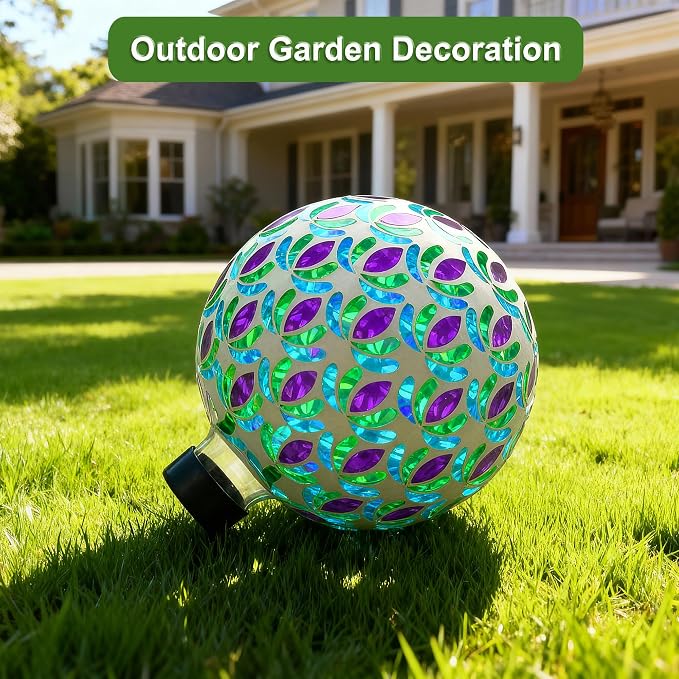 VOREEN 8” Mosaic Glass Gazing Ball — Purple Teal & Green Garden Sphere, Weather-Resistant Outdoor Yard & Patio Decoration, Fade-Free, Four-Season Use