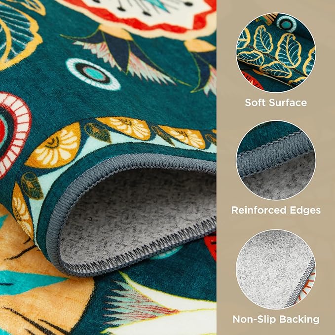 Joydeco Egypt Floral Boho 2x6 Washable Kitchen Hallway Bathroom Rug Runner | Dark Green Botanical Colorful Non Slip Stain Resistant Low Pile Flower Indoor Carpet Runner for Entryway Laundry Room Bedroom