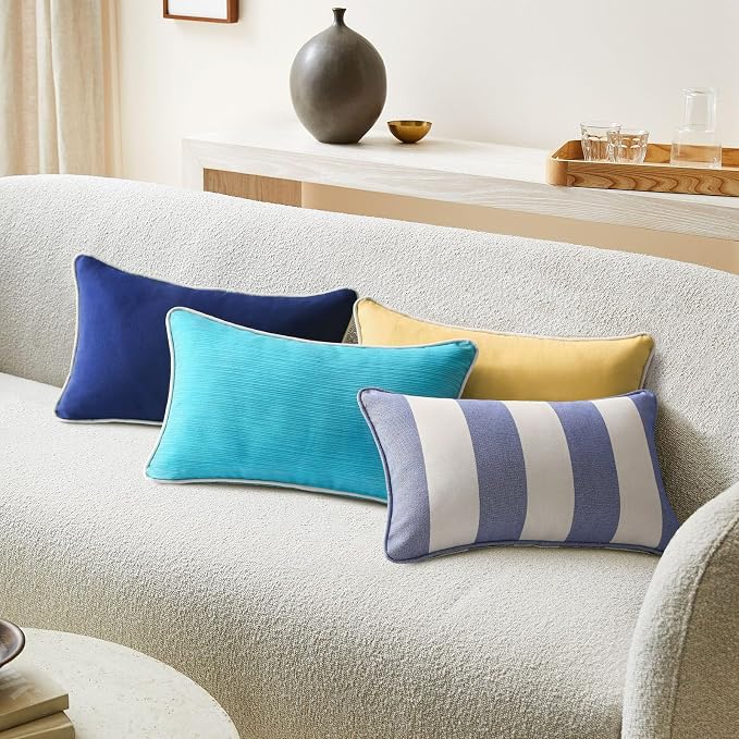 Decorative Outdoor Water Repellent Throw Pillows with Inserts, Set of 4, 20" x12" Pillows for Patio, Backyard, Bed, Couch, and Patio Furniture, Navy