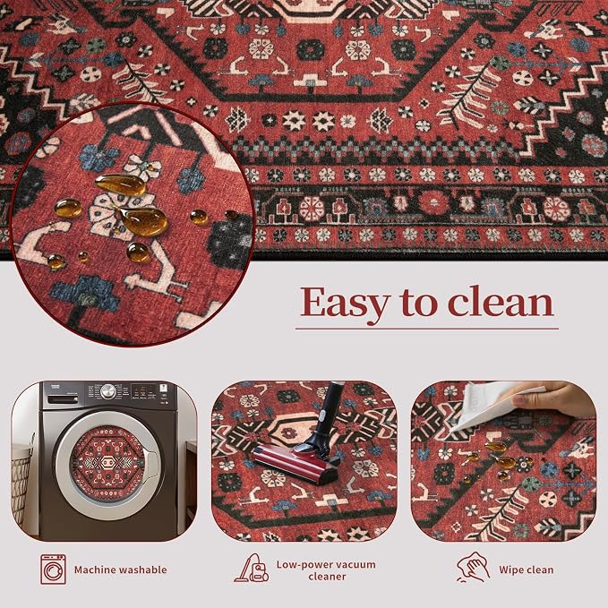 Ciicool Washable 4x6 Area Rug,Boho Non-Slip Indoor Mat for Entryway Kitchen | Oriental Low-Pile Soft Vintage Boho Indoor Entry Red/black Carpet for Bedroom Bedside Living Room Laundry Dining Room