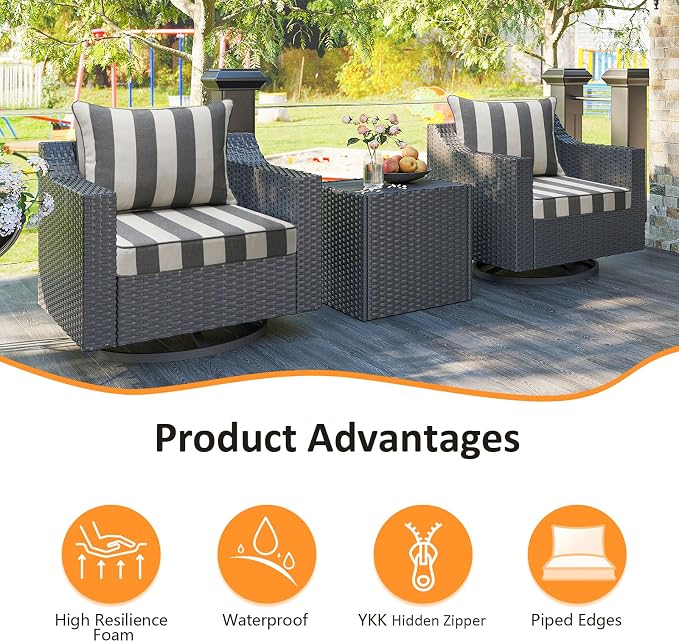 Unimatta Outdoor Patio Chair Cushions Set, 24" x 24"(24x24 Back), Set of 2, Water-Repellent, Fade Resistant, Deep Seat Bottom and Back Cushion for Backyard, Couch, Sofa, Gray Stripe