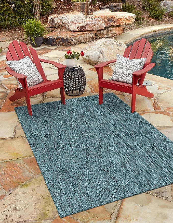 Unique Loom Outdoor Solid Collection Area Rug (7' 10" x 10' Rectangle Teal/Navy Blue)