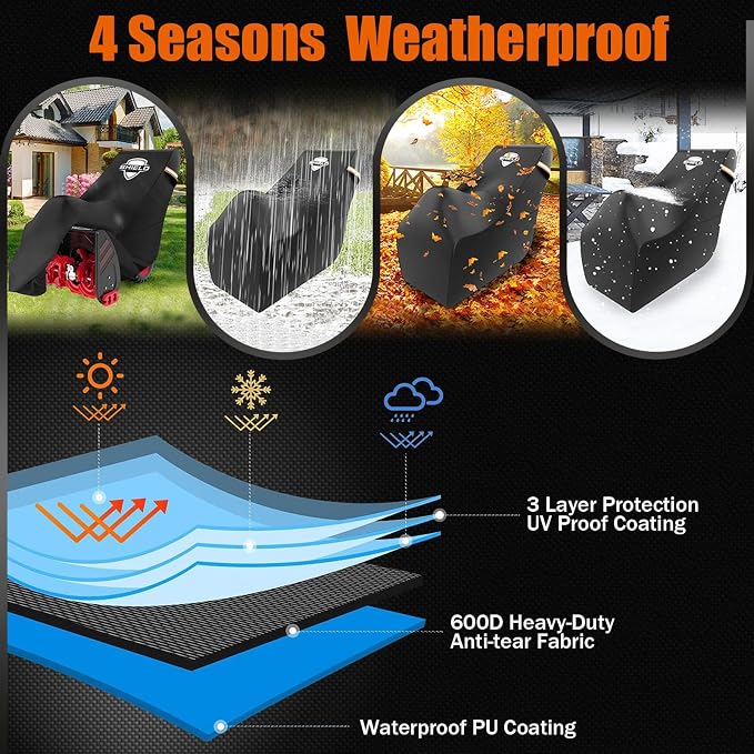 IC ICLOVER Snow Blower Cover, Universal fit Two Stage Snow Thrower Cover, Heavy Duty 600D Polyester Fabric Waterproof, Sun UV Dust Snow Proof, with Drawstring & Windproof Buckles, Outdoor Protection