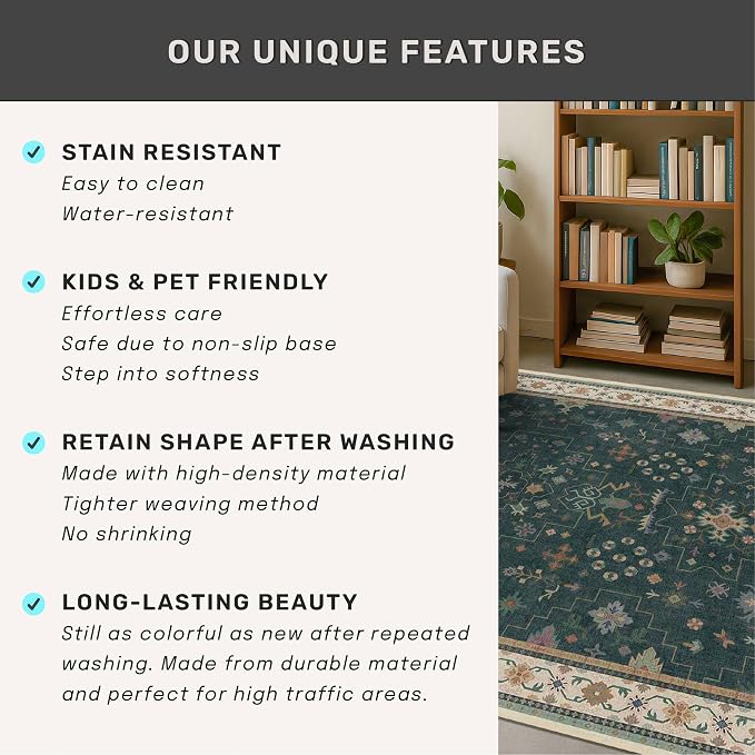 Dark Green Vintage 7x10 Washable Rugs for Living Room - Dark Academia Victorian Floral Geometric Bedroom Rug, Ultra Soft Thin Low Pile Non-Slip Large Rugs for Lounge