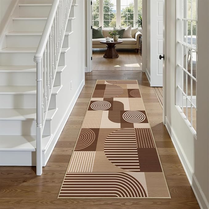 Brown Geometric 2x6 Runner Rug for Hallway Kitchen Bedroom Machine Washable Mid Century Modern Rug Non Slip Low Pile Minimalist Runner Rugs Long Floor Mat Carpet for Bathroom Laundry,Brown