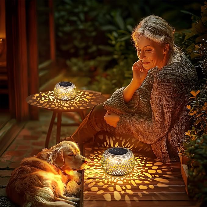 Solar Lanterns Outdoor Waterproof: 2 Pack White Gold Hollow Out Metal Solar Lights - 2 Lighting Colors Outside Patio Garden Yard Porch Tabletop Decorations - Unique Gifts for Women Mom Wife