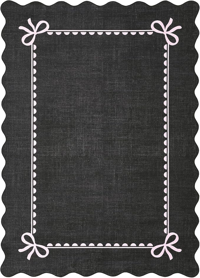 GarveeHome Scalloped Entryway Rug 2x3 Washable Bow Rug, Black Pink | Non Slip Soft Low Pile Ultra-Thin Stain Resistant Indoor Carpet for Girls Dorm Nursery Bedroom Decor Hallway Kitchen Floor