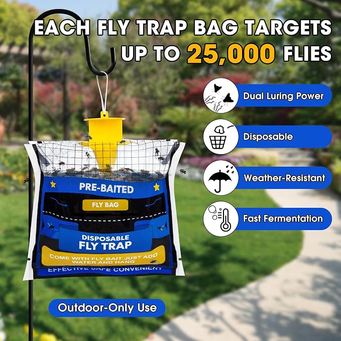 10 Pack Fly Traps Outdoor Hanging for Patio, Outdoor Disposable Hanging Fly Trap with 30g Bait, Bug Fly Hunter Catcher Killer Control for Barn Horse Ranch Chicken Coop