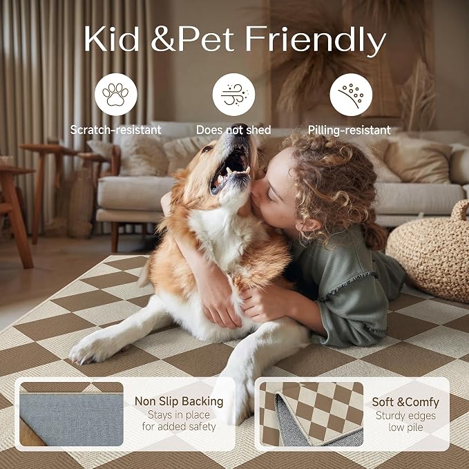 PureCozy 8x10 Checkered Chevron Pattern Area Rug for Living Room Large Checkerboard Washable Indoor Outdoor Carpet Farmhouse Patio Office Mat Geometric Non Slip Brown Carpet for Backyard Dining Room