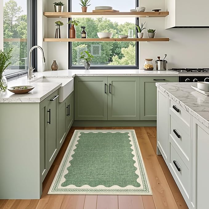 GarveeHome Scalloped Door Mat Indoor Rugs for Entryway Small Rug 2x3 Washable Non-Slip Solid Sage Green Modern Soft Low-Pile Throw Carpet for Bedroom Kitchen Bathroom Entrance