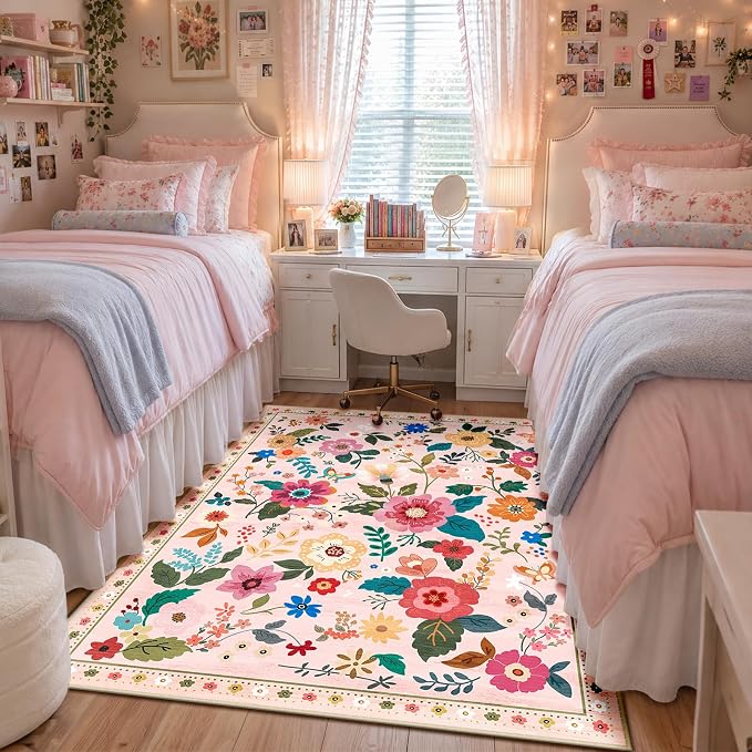 RELEANY Floral Washable 3x5 Area Rugs Pink | Flower Carpet, Print, Boho, Non-Slip, Easy to Clean, Soft, Low Pile for Living Room Bedroom Kitchen Office Entryway Hallway