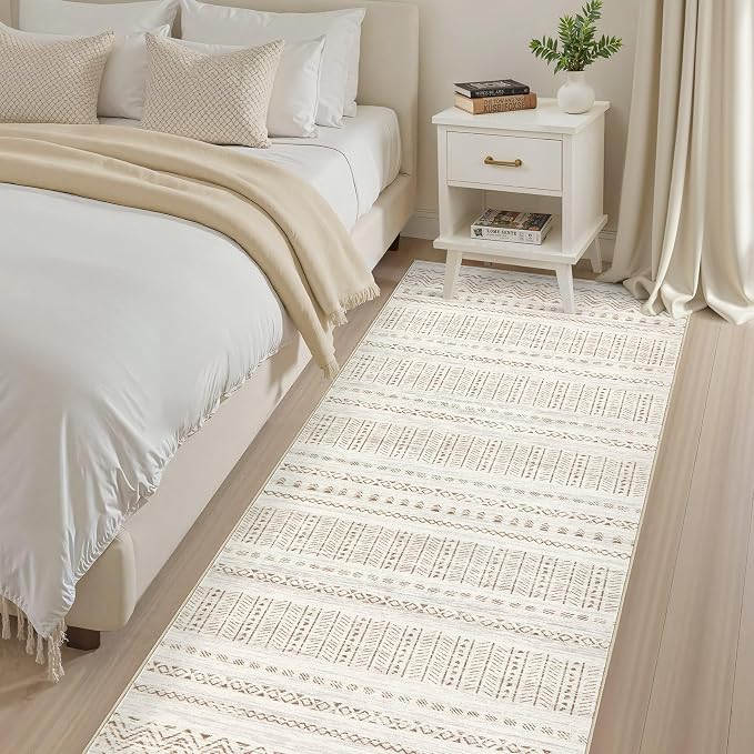 cotiled Hallway 3x8 Runner Rugs Washable Boho Moroccan Soft Rug | Non-Slip Stain Resistan Carpet for Entryway Kitchen Laundry Brown Cream