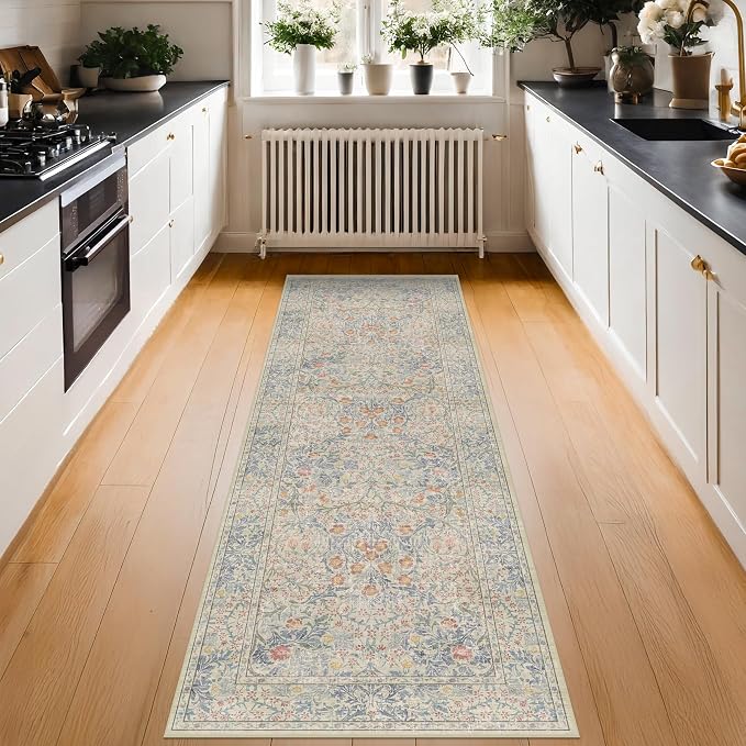 Vintage Beige Blue 3x10 Runner Rug for Hallway, Kitchen, Bathroom, Entryway Indoor, Washable Non Slip Rubber Backing Stain Resistant - Botanical Home Decor