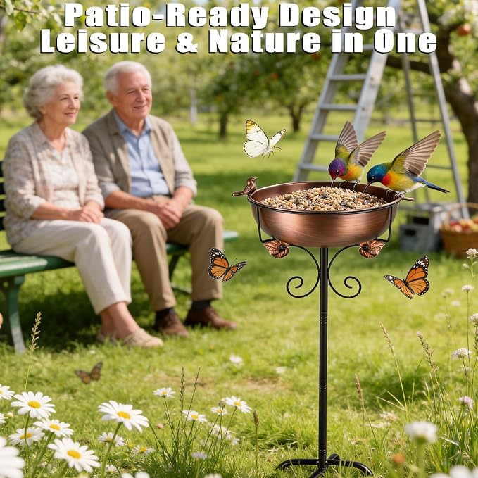 Bird Bath for Outside, 27.6" H Standing Bird Feeder Bowl with 11.8" Wide Basin, 1-Tier Metal & Copper Garden Bird Bath and Feeder for Yard Patio Backyard Lawn Flower Bed Outdoor Garden Decor