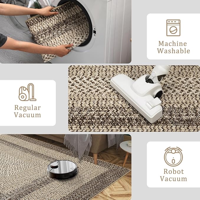 RUGSREAL 2x6 Runner Rug Braided Print Hallway Area Rugs Machine Washable | Throw Floor Cover Non Slip Modern Runner Carpet for Kitchen Farmhouse Rustic Carpet for Living Room Bedroom, Camel