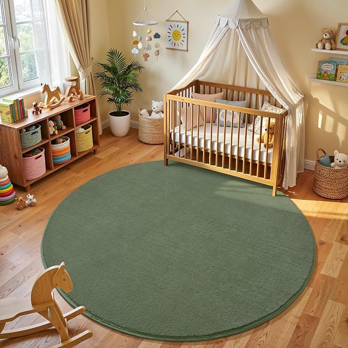 Amearea Sage Green Round Area Rugs 5ft Circle Rugs for Bedroom Living Room | Washable Fluffy Indoor Thickened Memory Foam Rug, Non Slip Minimalist Circular Carpet for Kids Boy Girl Dorm Nursery Room