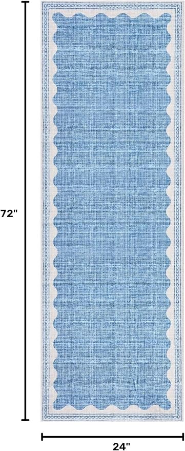 2x6 Scalloped Runners Blue Washable Hallways Bedroom Rug | Solid Non Slip Scalloped Bath Runner, Rugs for Bedroom Girls, Rugs for Kitchen Floor Soft Dorm Nursery Carpet for Bedside