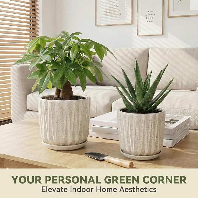 7.5 Inch Ceramic Planter Pot with Saucer Drainage Leak-Proof Mesh,Flower Pots for Indoor Plants with Gardening Gloves,Ceramic Planter (Silk White)