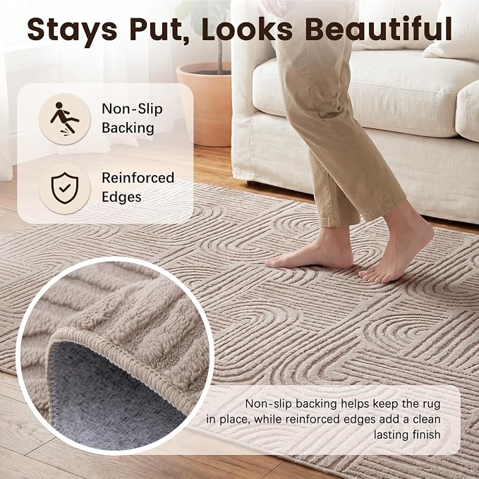 Etwel 6.5 ft Taupe Geometric Textured High-Low Pile Washable Round Rug | Modern Soft Carpet, Non-Slip PVC Backing, Low Profile, Kid and Pet Friendly, for Living Room, Bedroom, Dining Room, Nursery