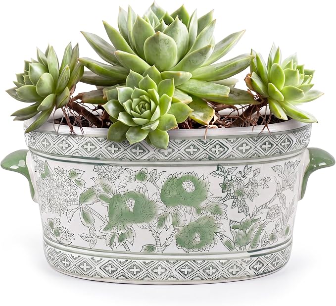 LemonRoad Green and White Ceramic Planter Pot 14 x 7.7 x 6.1 Inches Porcelain Vintage Floral Oval Cachepot Vase Chinoiserie Decor for Indoor Plants Succulents Home((Peony Style)